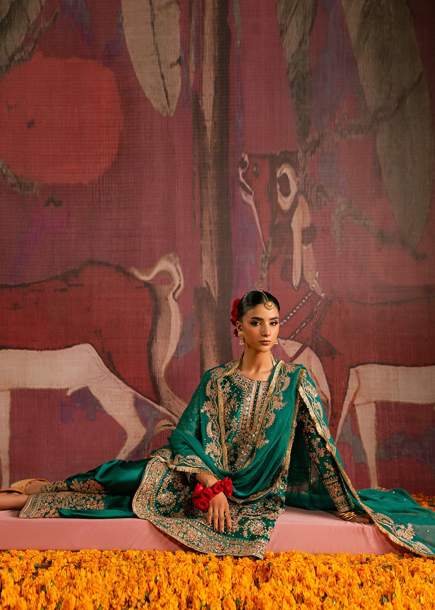 Bottle Green Charmuse Embroidered Dupatta Set Online in Dubai UAE Abudhabi Ajman Sharjah