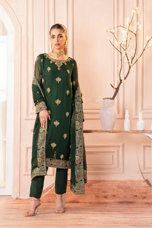 Bottle Green Chiffon Embroidered Festive Suit Online in Dubai UAE Abudhabi Ajman Sharjah