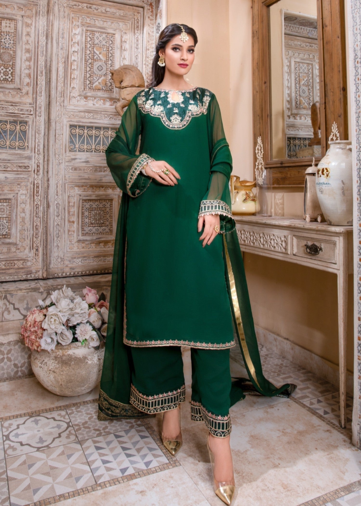 Bottle Green Chiffon Embroidered Kurta Trouser Online in Dubai UAE Abudhabi Ajman Sharjah