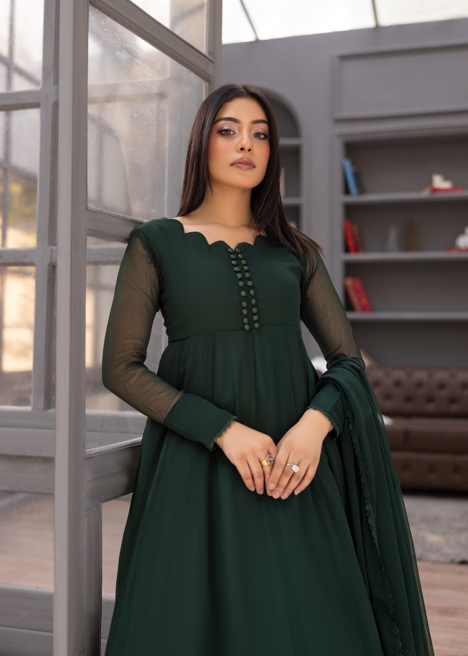 Bottle Green Chiffon Festive Wear Kurta Set Online in Sri Lanka India Australia