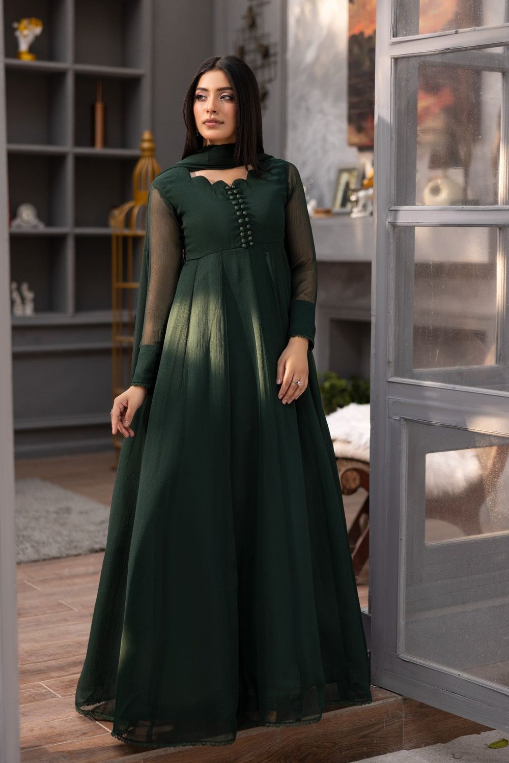 Bottle Green Chiffon Flared Maxi Partywear Suit Online in Dubai UAE Abudhabi Ajman Sharjah