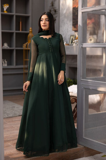 Bottle Green Chiffon Flared Maxi Partywear Suit Online in Dubai UAE Abudhabi Ajman Sharjah