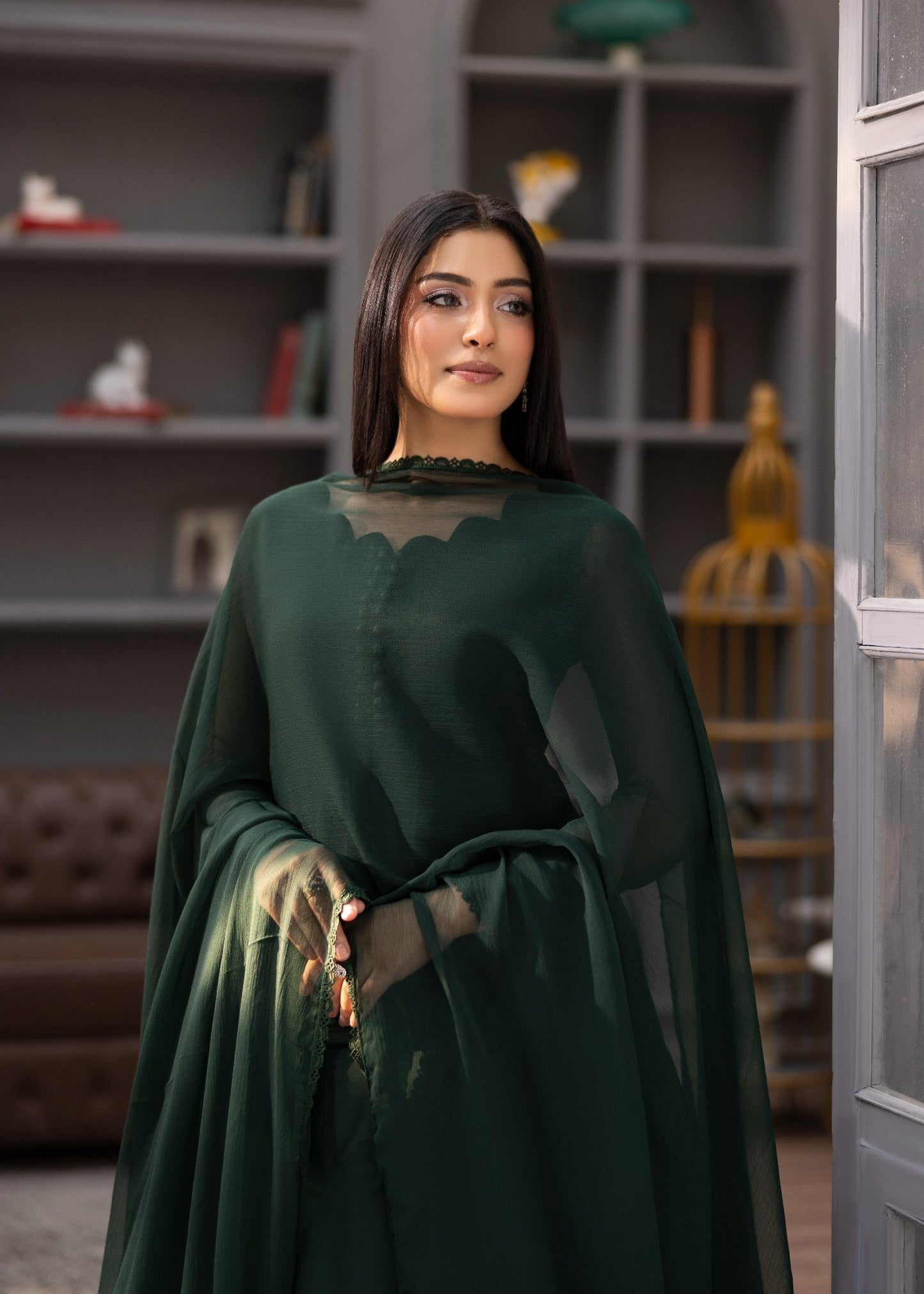 Bottle Green Chiffon Flared Top Suit Online in Dubai UAE Abudhabi Ajman Sharjah