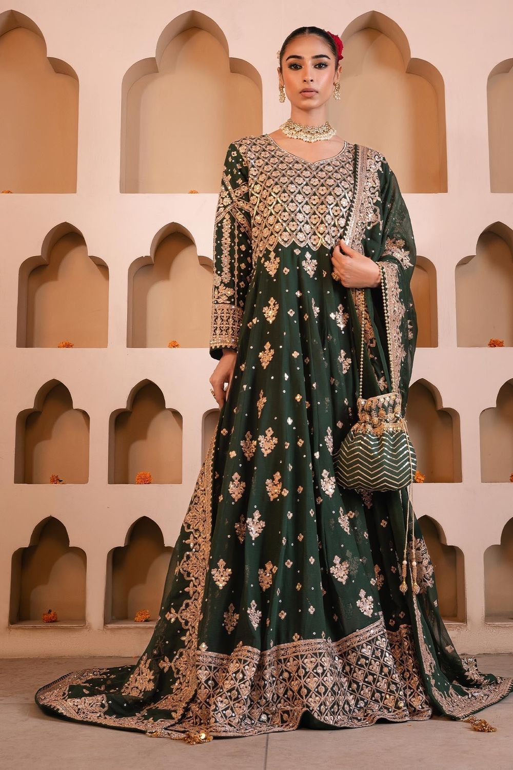 Bottle Green Chiffon Wedding Guest Wear Maxi Online in Dubai UAE Abudhabi Ajman Sharjah