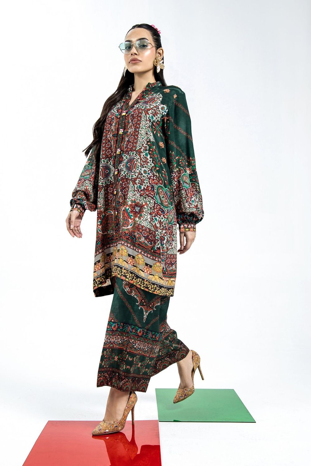 Bottle Green Digital Print Raw Silk Kurta Set Online in Dubai UAE Abudhabi Ajman Sharjah