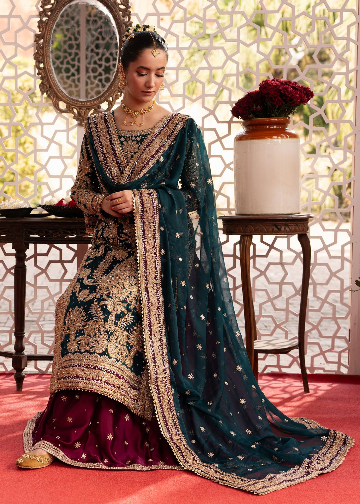 Bottle Green Embellished Charmuse Formal Suit Online in KSA Riyadh Saudi Arabia Oman Bahrain Qatar