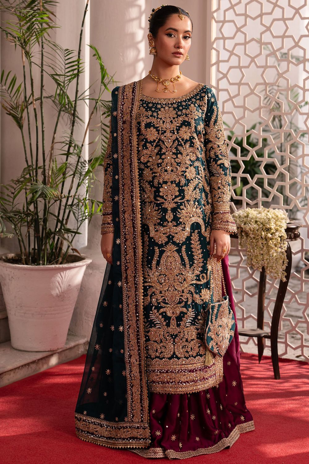 Bottle Green Embellished Charmuse Lehenga Set Online in Dubai UAE Abudhabi Ajman Sharjah