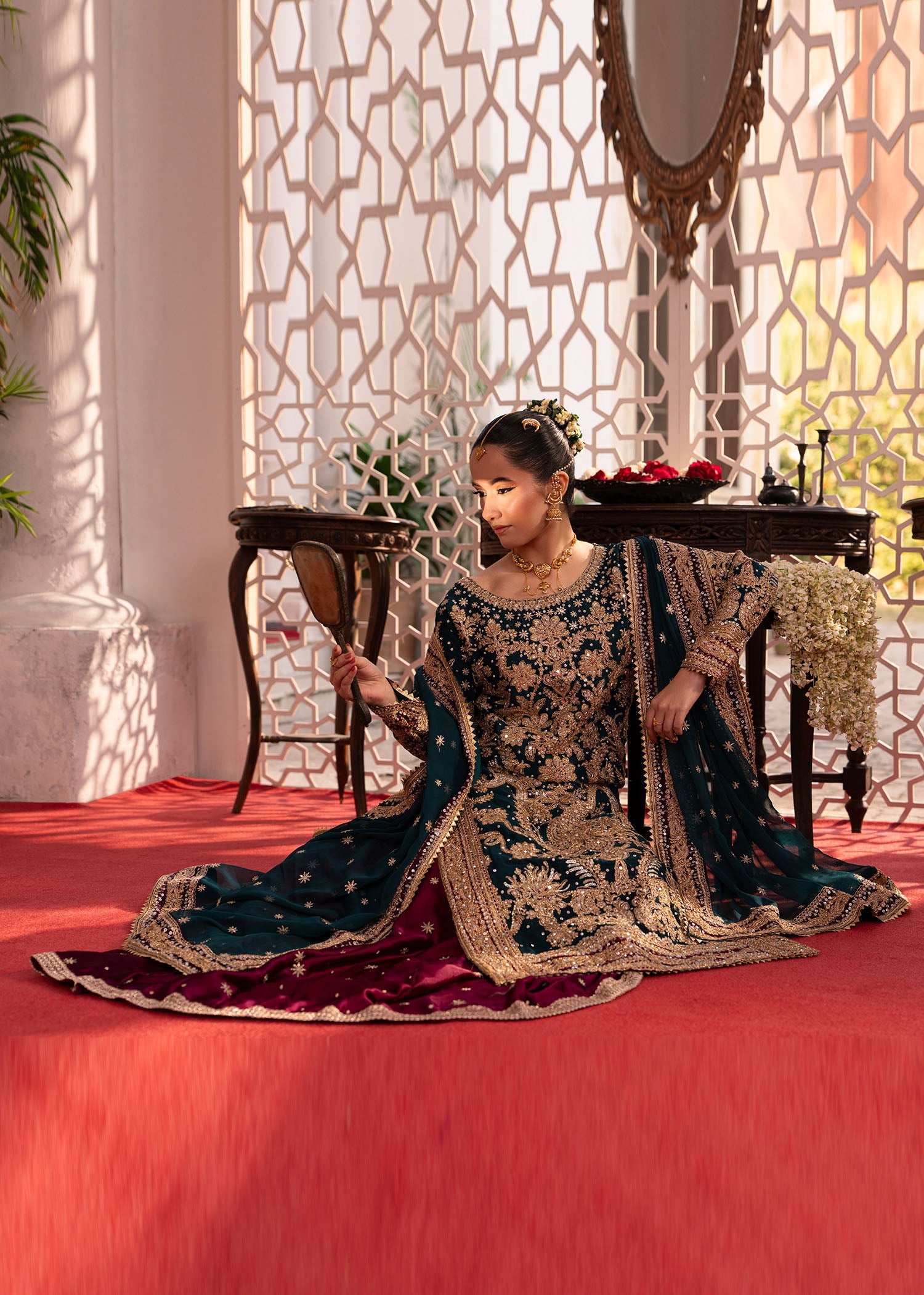 Bottle Green Embellished Charmuse Pakistani Outfit Online in Dubai DXB UAE Abudhabi Meena Bazaar