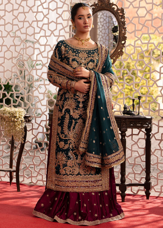 Bottle Green Embellished Charmuse Wedding Outfit Online in Dubai DXB UAE Abudhabi Meena Bazaar