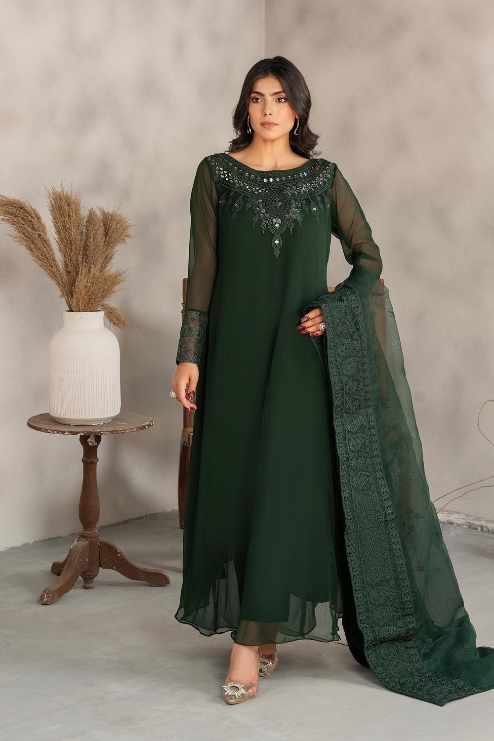 Bottle Green Embellished Chiffon Partywear Suit Online in Dubai UAE Abudhabi Ajman Sharjah