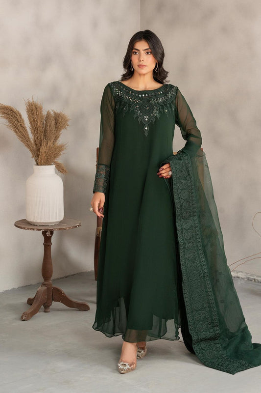 Bottle Green Embellished Chiffon Partywear Suit Online in Dubai UAE Abudhabi Ajman Sharjah