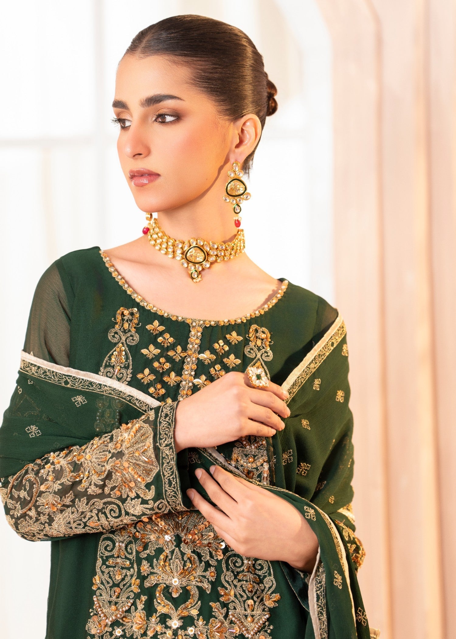 Bottle Green Embellished Chiffon Suit Online in Sri Lanka India Australia