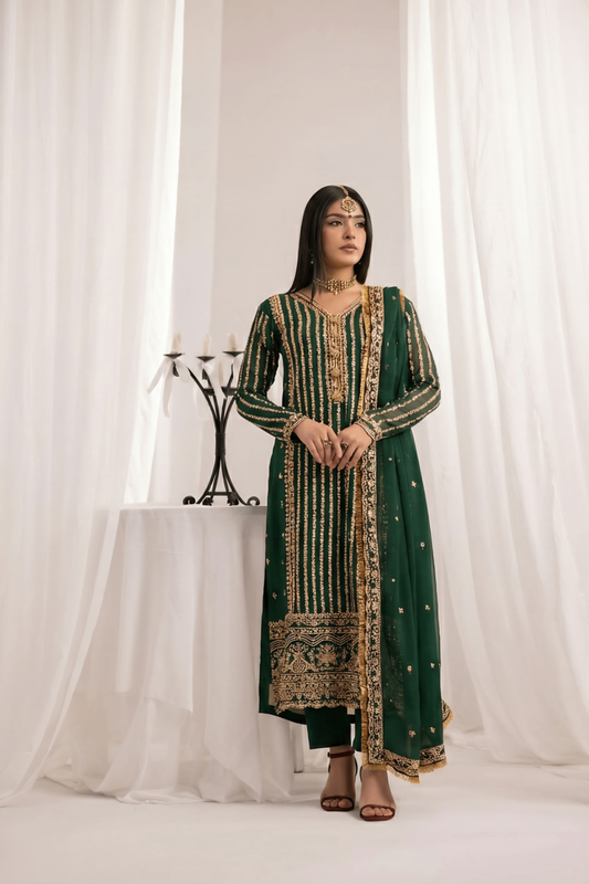 Bottle Green Embroidered Bemberg Crinkle Chiffon Partywear Suit Online in Dubai UAE Abudhabi Ajman Sharjah