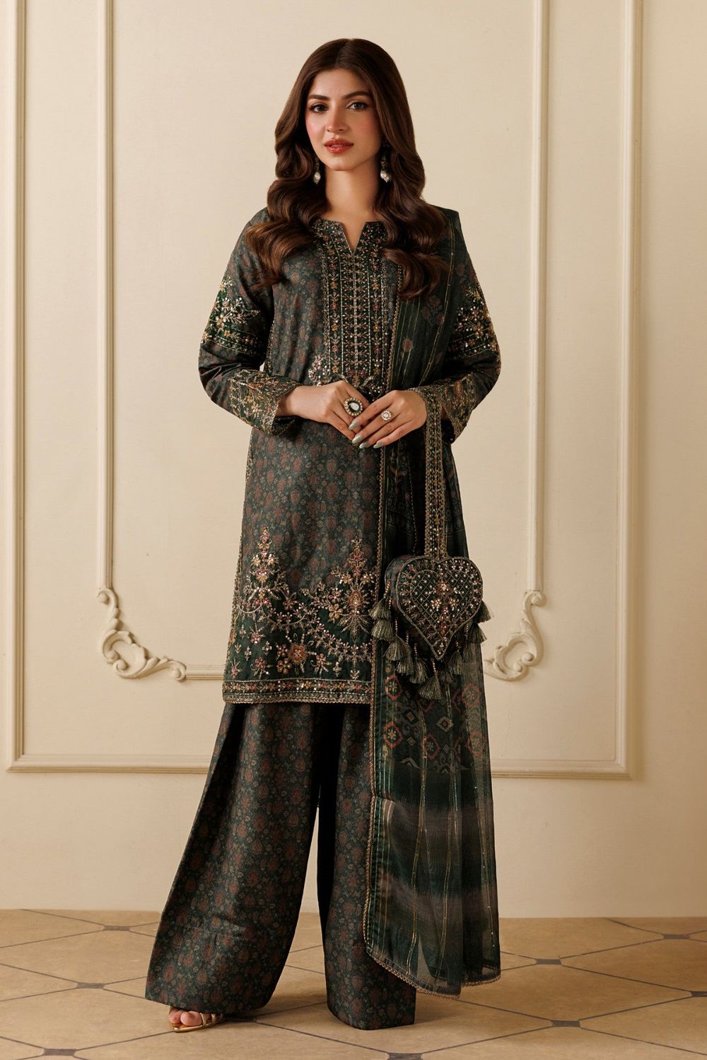 Bottle Green Embroidered Blended Khaddar Farshi Shalwar Online in Dubai UAE Abudhabi Ajman Sharjah