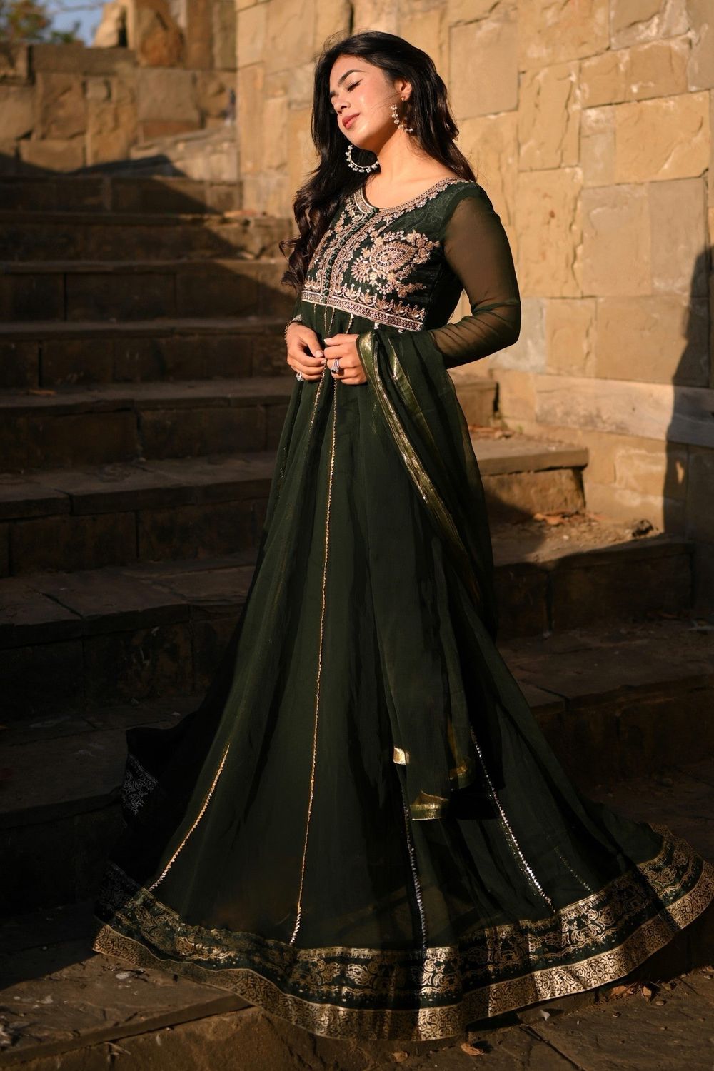 Bottle Green Embroidered Chiffon Gharara Suit Online in Dubai UAE Abudhabi Ajman Sharjah