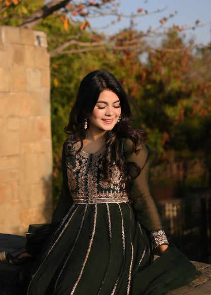 Bottle Green Embroidered Chiffon Partywear Gharara Online in Dubai DXB UAE Abudhabi Meena Bazaar