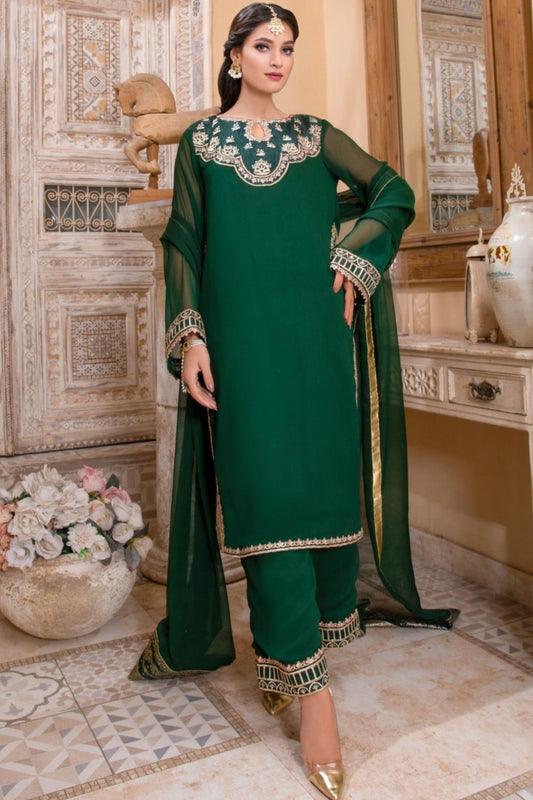 Bottle Green Embroidered Chiffon Partywear Suit Online in Dubai UAE Abudhabi Ajman Sharjah