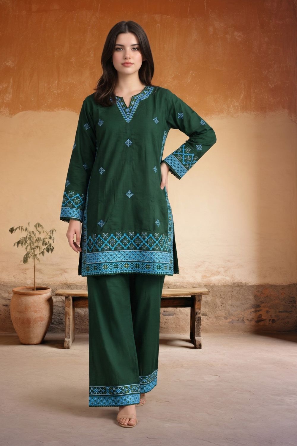 Bottle Green Embroidered Cotton Kurta Set Online in Dubai UAE Abudhabi Ajman Sharjah