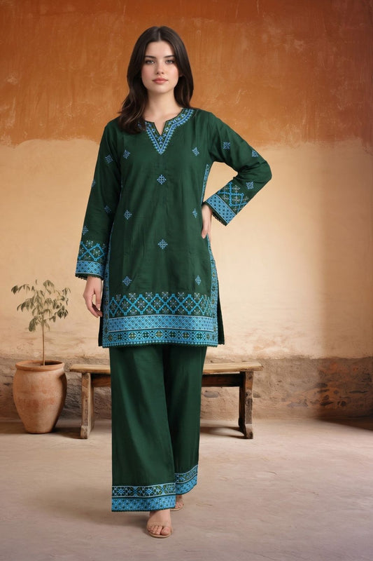 Bottle Green Embroidered Cotton Kurta Set Online in Dubai UAE Abudhabi Ajman Sharjah