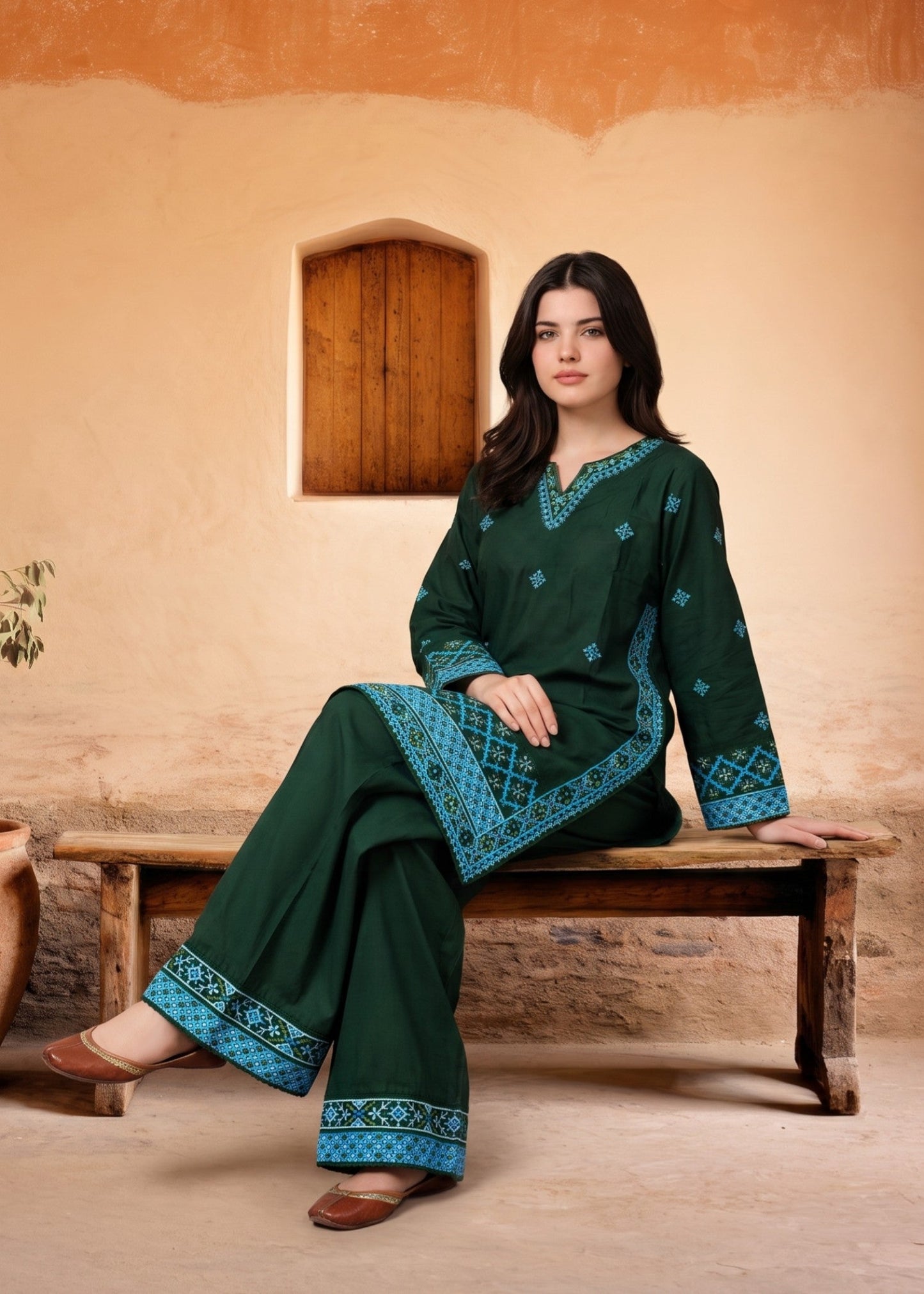 Bottle Green Embroidered Cotton Ladies Suit Online in Dubai DXB UAE Abudhabi Meena Bazaar