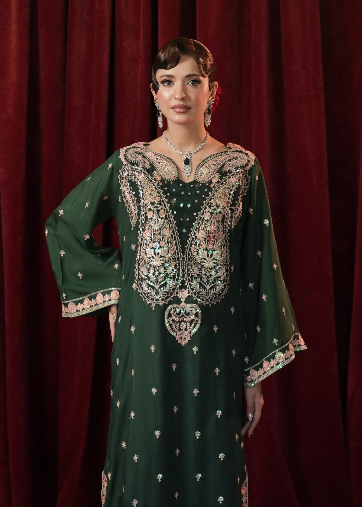 Bottle Green Embroidered Kaftan Pakistani Clothes Online in UK USA Canada