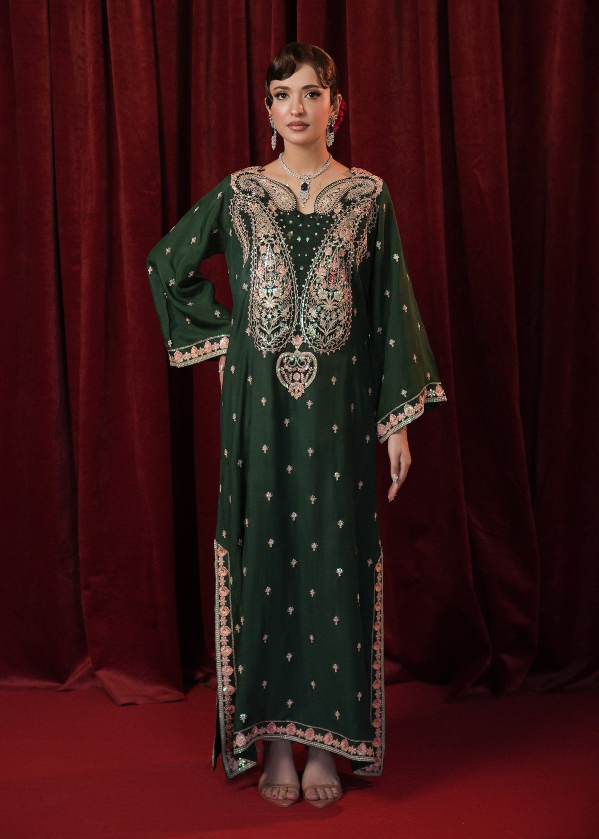 Bottle Green Embroidered Kaftan Pakistani Clothes Online in UK USA Canada