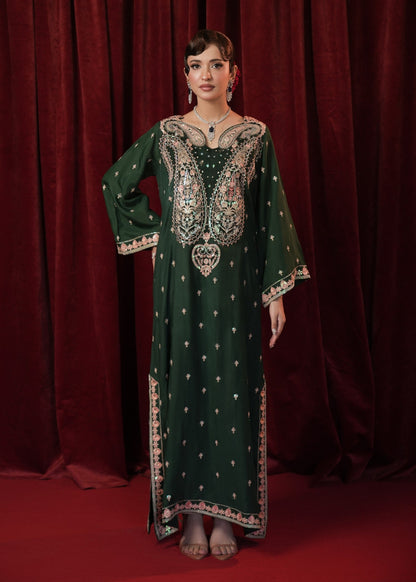 Bottle Green Embroidered Kaftan Pakistani Clothes Online in UK USA Canada
