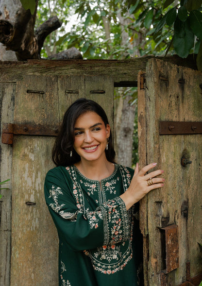 Bottle Green Embroidered Khaddar Daily Wear Kurta Set Online in UK USA Canada
