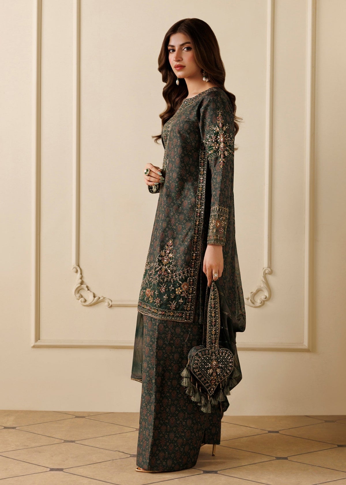 Bottle Green Embroidered Khaddar Designer Salwar Kameez Online in Dubai DXB UAE Abudhabi Meena Bazaar
