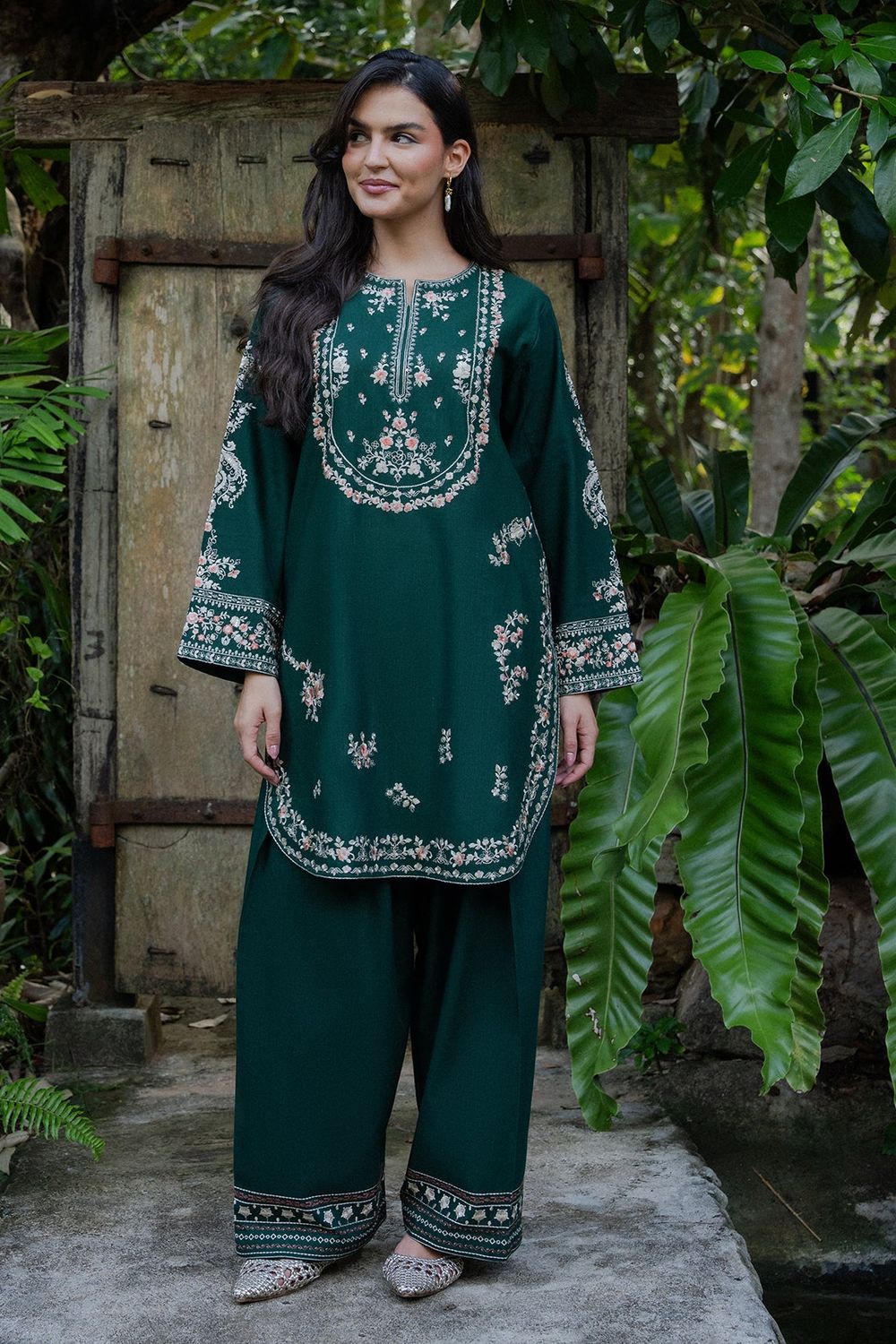 Bottle Green Embroidered Khaddar Kurta Set Online in Dubai UAE Abudhabi Ajman Sharjah