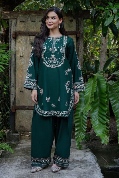 Bottle Green Embroidered Khaddar Kurta Set Online in Dubai UAE Abudhabi Ajman Sharjah
