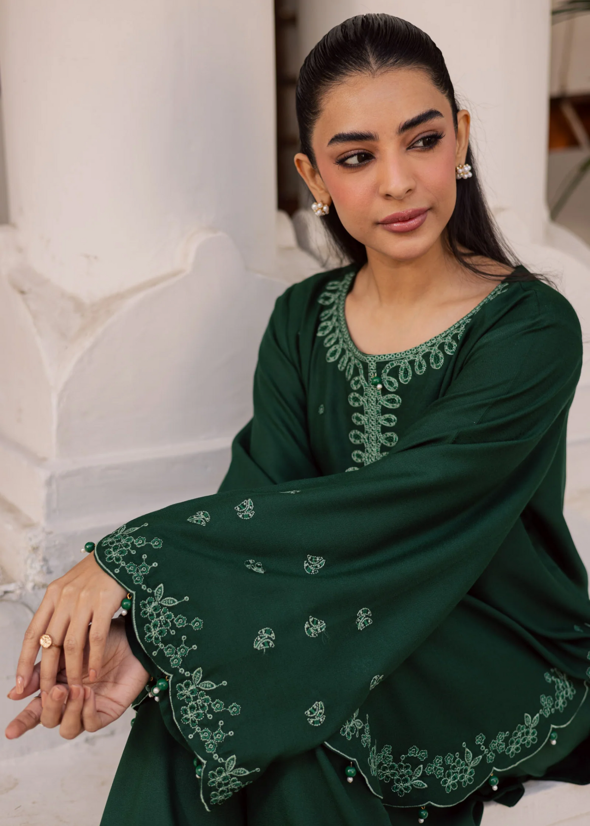 Bottle Green Embroidered Lawn Daily Wear Kurta Set with Farshi Shalwar Online in Dubai UAE Abudhabi Ajman Sharjah