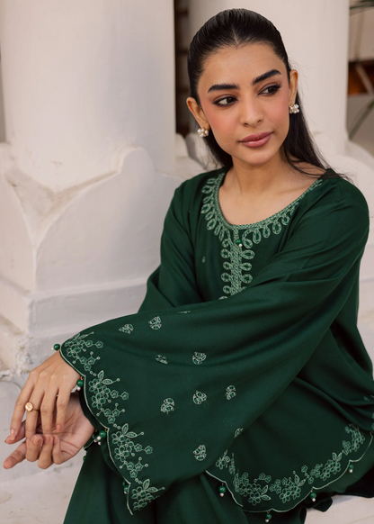 Bottle Green Embroidered Lawn Daily Wear Kurta Set with Farshi Shalwar Online in Dubai UAE Abudhabi Ajman Sharjah