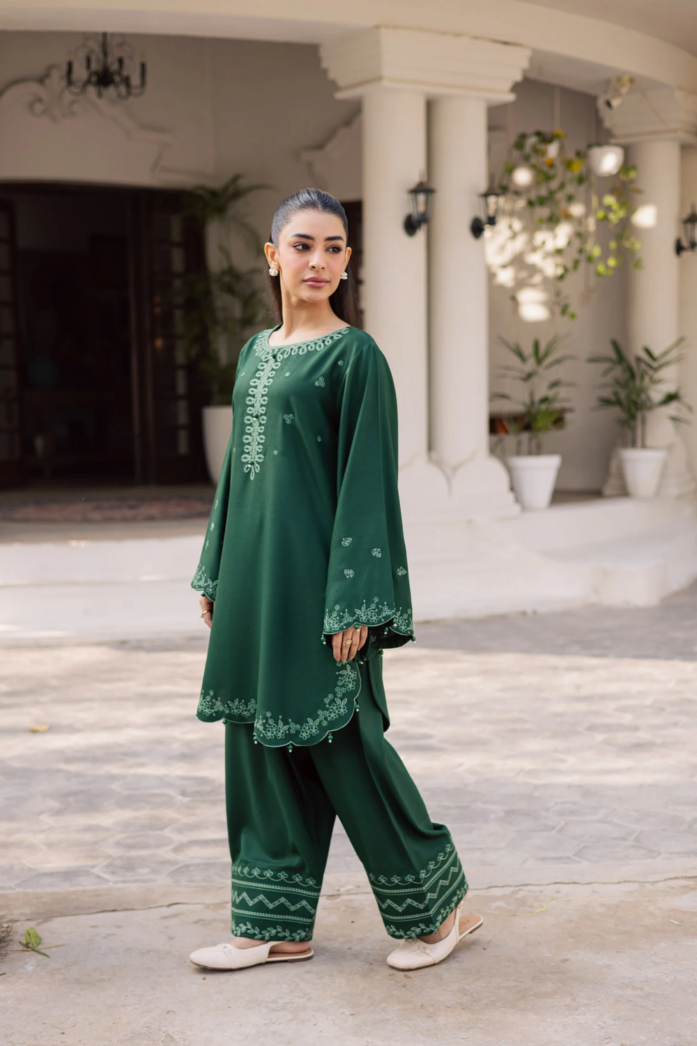 Bottle Green Embroidered Lawn Farshi Shalwar Kurta Set Online in Dubai UAE Abudhabi Ajman Sharjah