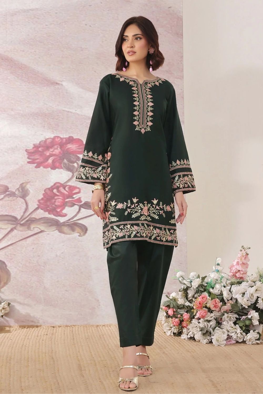 Bottle Green Embroidered Lawn Kurta Set Online in Dubai UAE Abudhabi Ajman Sharjah
