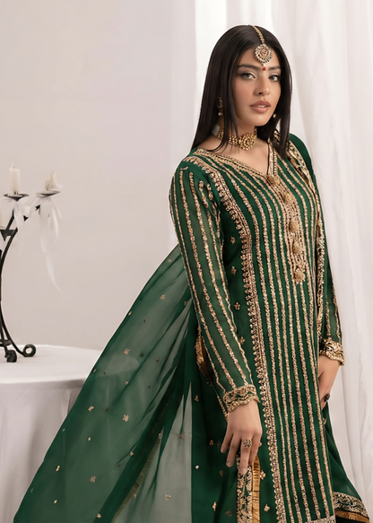 Bottle Green Embroidered Long Kurta Straight Trouser Set Online in Dubai UAE Abudhabi Ajman Sharjah
