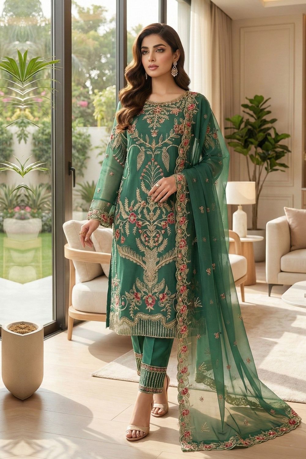 Bottle Green Embroidered Organza Festive Wear Salwar Kameez Online in Dubai UAE Abudhabi Ajman Sharjah