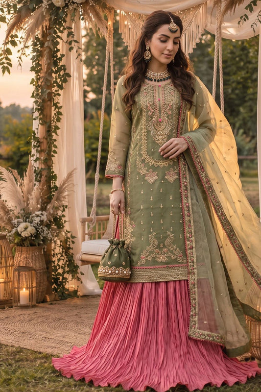 Bottle Green Embroidered Organza Lehenga Choli Online in Dubai UAE Abudhabi Ajman Sharjah