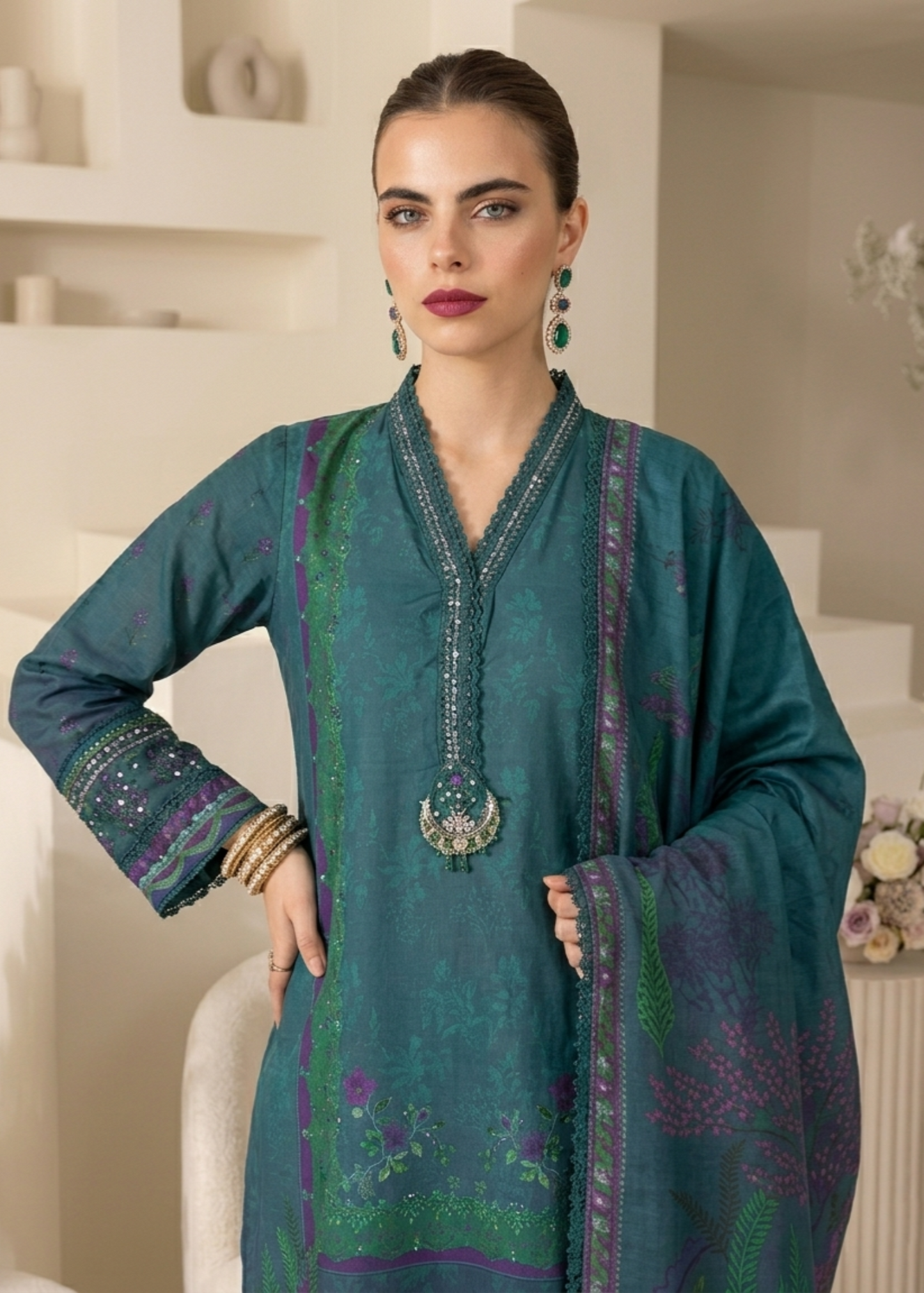 Bottle Green Embroidered Raw Silk 3 Piece Suit Online in Sri Lanka India Australia