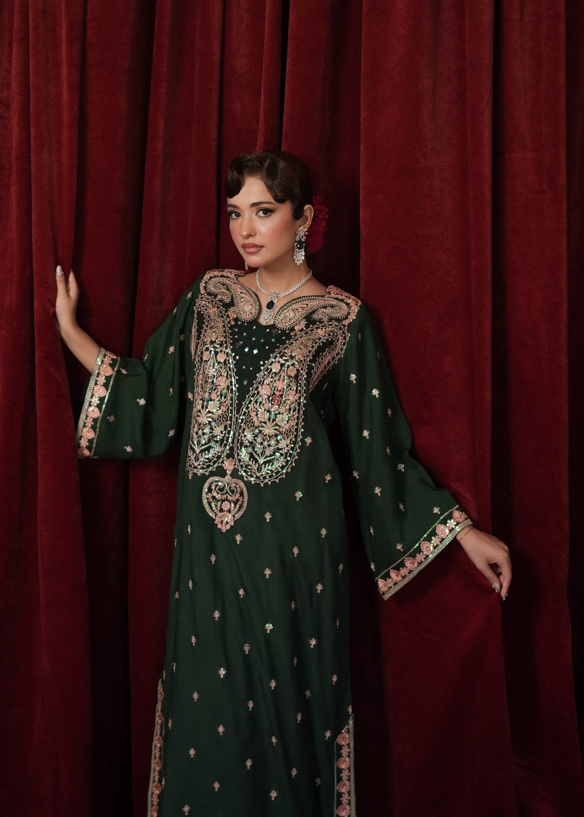 Bottle Green Embroidered Raw Silk Kaftan Online in Dubai DXB UAE Abudhabi Meena Bazaar