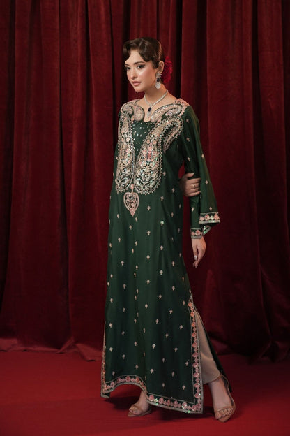 Bottle Green Embroidered Raw Silk Kaftan Online in Dubai UAE Abudhabi Ajman Sharjah