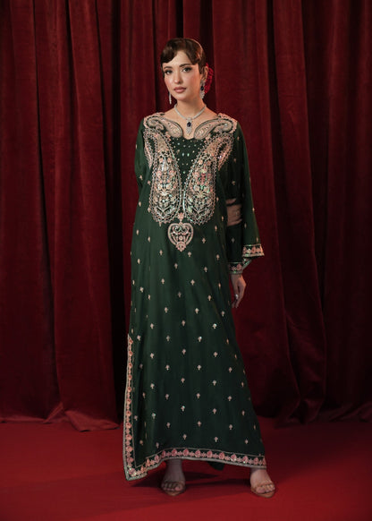 Bottle Green Embroidered Raw Silk Kaftan Online in Dubai UAE Abudhabi Ajman Sharjah