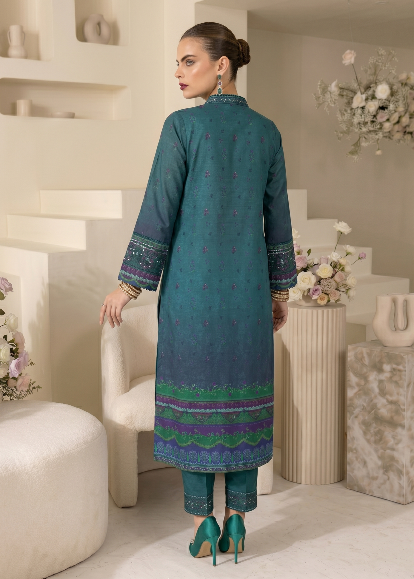 Bottle Green Embroidered Raw Silk Kurta Trouser Dupatta Online in Dubai DXB UAE Abudhabi Meena Bazaar