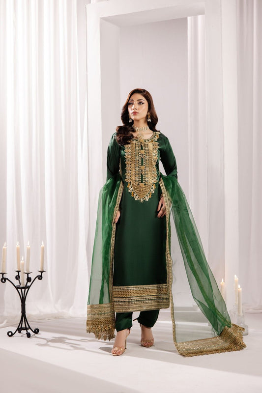 Bottle Green Embroidered Silk Partywear Suit Online in Dubai UAE Abudhabi Ajman Sharjah