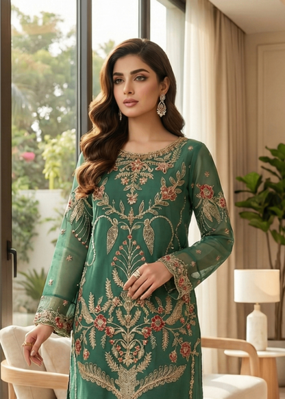 Bottle Green Festive Wear Organza Salwar Suit Online in Dubai DXB UAE Abudhabi Meena Bazaar