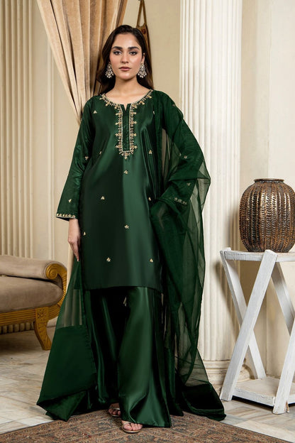 Bottle Green Hand Embellished Kattan Silk Farshi Shalwar Suit Online in Dubai UAE Abudhabi Ajman Sharjah
