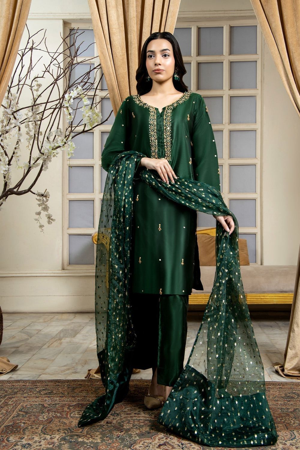Bottle Green Hand Embellished Kattan Silk Pakistani Suit Online in Dubai UAE Abudhabi Ajman Sharjah