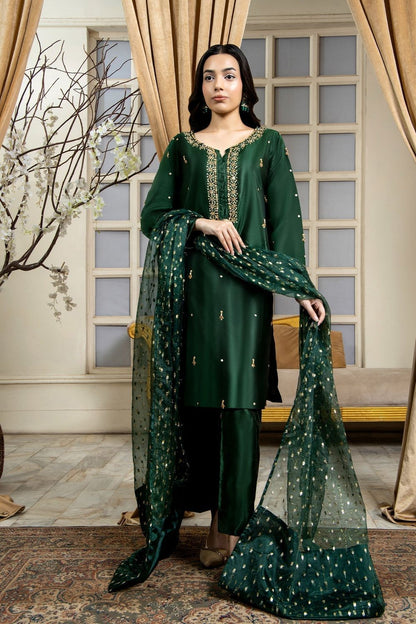 Bottle Green Hand Embellished Kattan Silk Pakistani Suit Online in Dubai UAE Abudhabi Ajman Sharjah