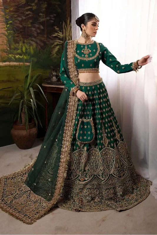 Bottle Green Heavy Embellished Indian Raw Silk Bridal Lehenga Online in Dubai UAE Abudhabi Ajman Sharjah