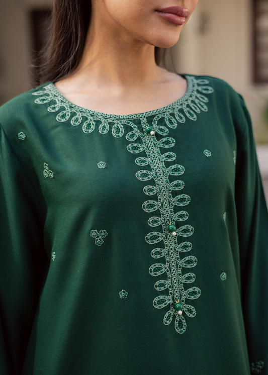 Bottle Green Lawn Chikankari Style Embroidered Kurta and Farshi Shalwar Online in Sri Lanka India Australia